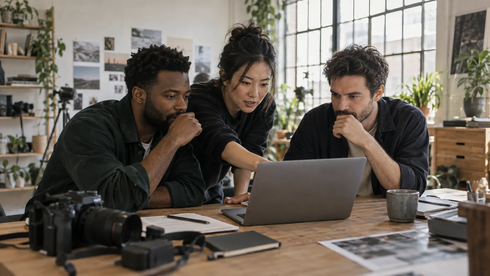 A diverse creative team reviewing footage